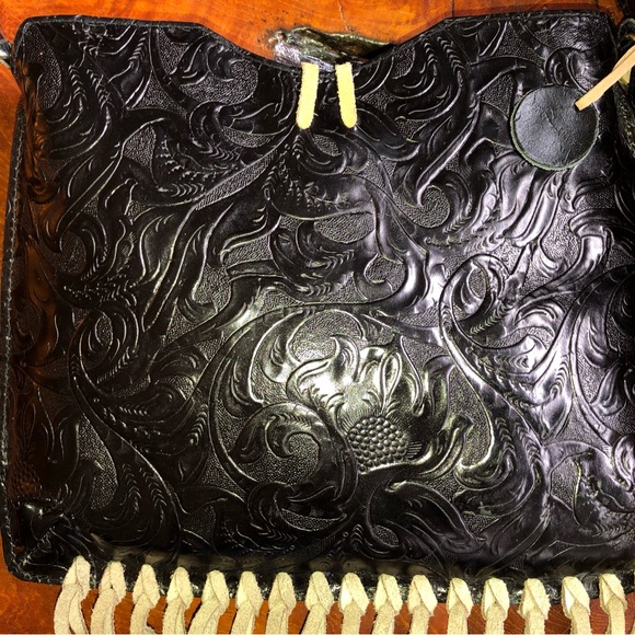 Barse Genuine Tooled Leather Tasseled Leather Handbag Purse Roses Turquoise - Picture 5 of 7